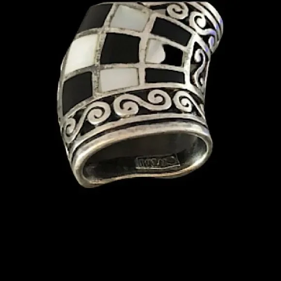 Vintage Onyx Mother Of Pearl Sterling Silver 925 Mosaic Inlay Slider Pendant
